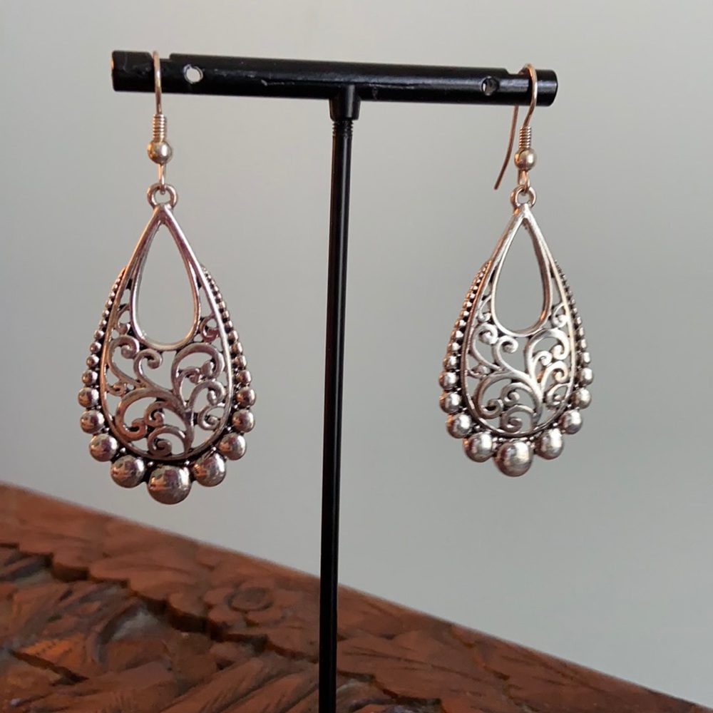 Silver Scroll and Bead Dangle Earrings
